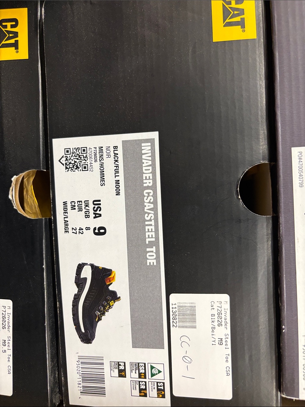 Caterpillar Invader CSA Steel Toe Work Boots - Black with Yellow Accents SIZE 9